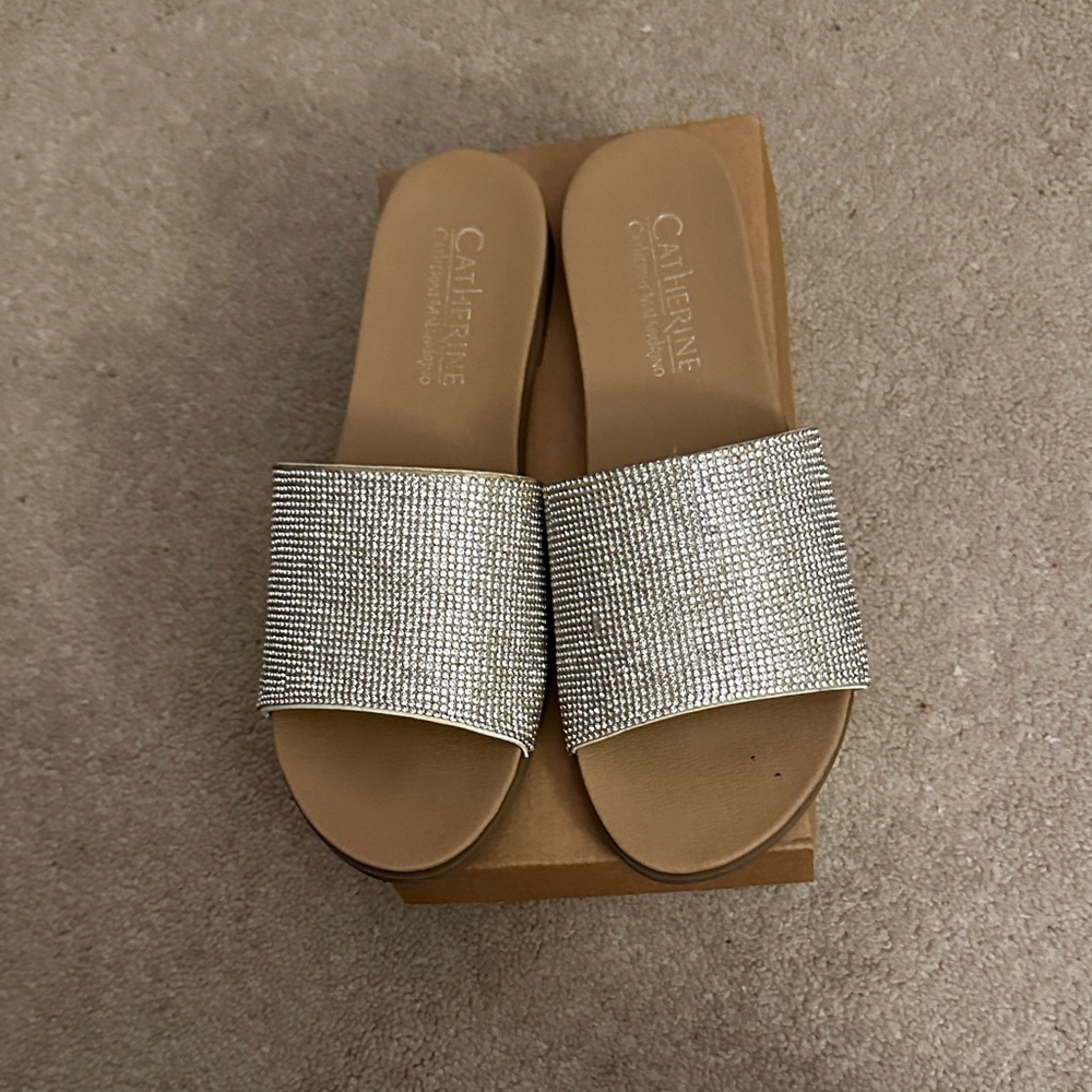 Catherine Malandrino Rhinestone-Embellished Silver Slide Mules